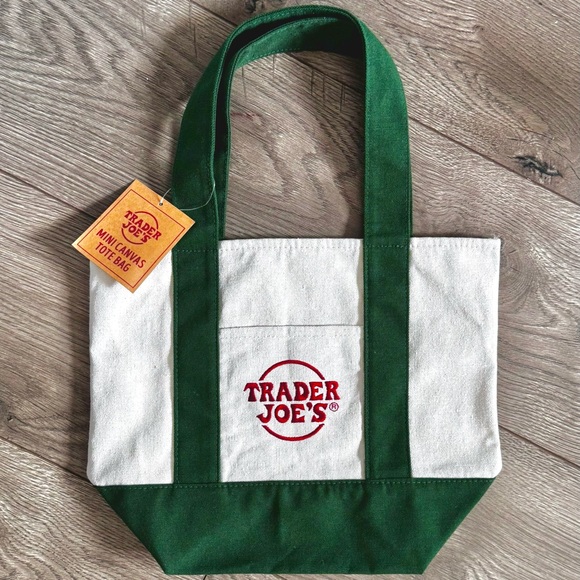 Trader Joe'S Handbags - NWT Trader Joe’s Mini Canvas Tote Bag Brand New Dark Green w Red Logo